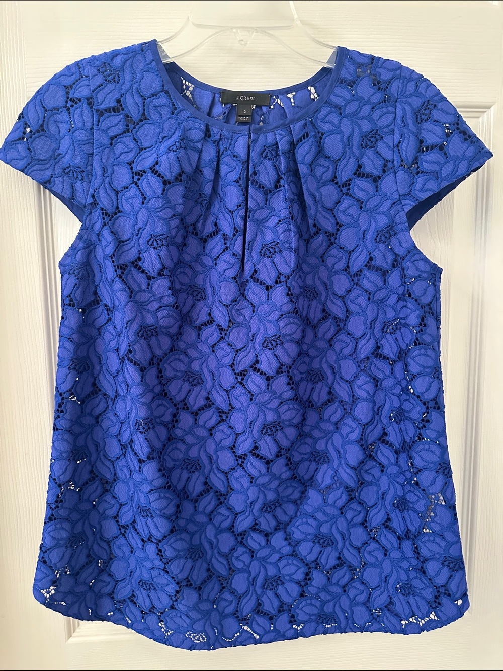 J. Crew Royal Blue Floral Lace Cap-Sleeve Top